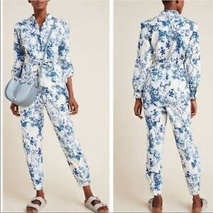 Floral Blue and White Jumpsuit Anthropologie